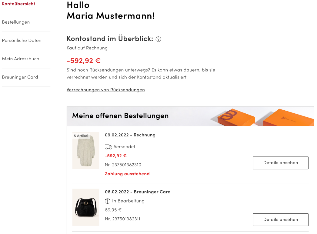 Zahlungsart Kauf auf Rechnung Breuninger Hilfe